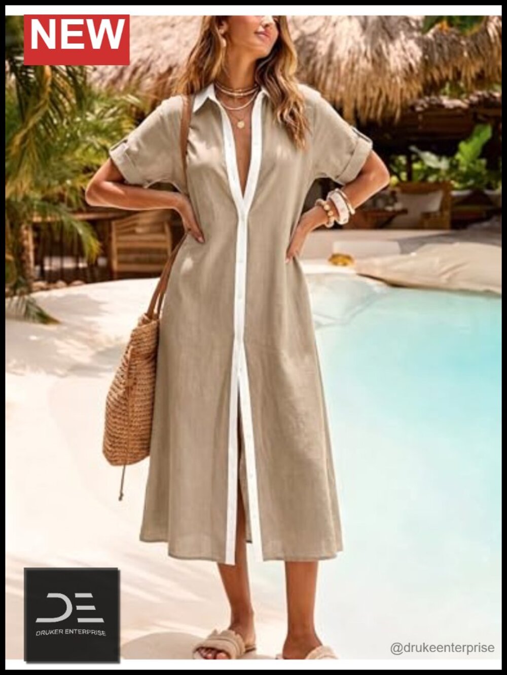 Womens V Neck Button Down Shirt Dress Linen Cotton Maxi Beach Coverup with - Picture 4 of 6